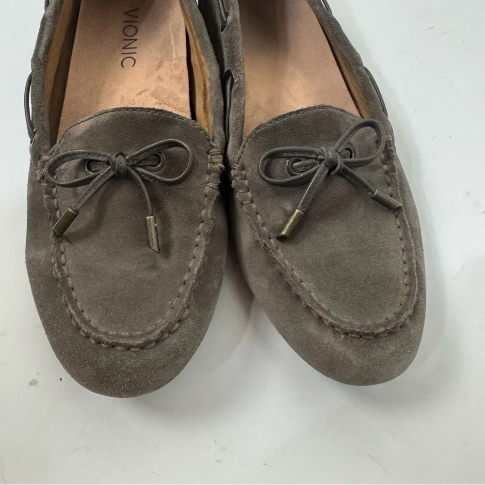 Vionic Suede Leather Grey Slip On Driving Loafers Casual Shoes With Bow Detail
